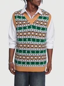 ROMWE MEN Prep Guys Letter & Geo Pattern Sweater Vest Without Shirt - Multicolor - View 5