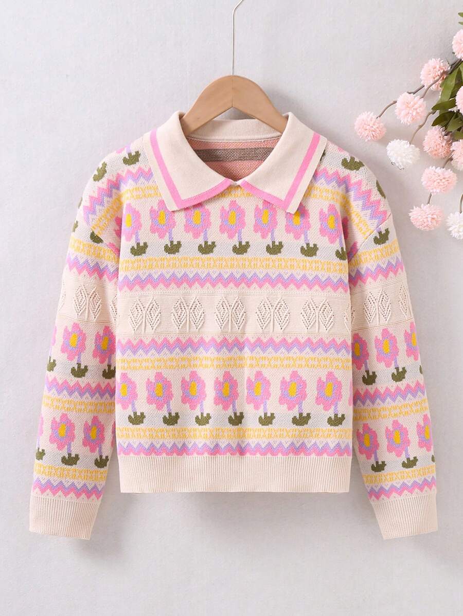 SHEIN 女大童花卉圖案Polo領落肩袖套頭毛衣 - 杏色 - 查看 1