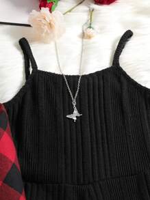 SHEIN Adolescent Fille À Carreaux Chemise & Évasé Combinaison À Fines Brides Pour Noël