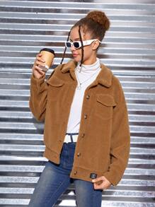 SHEIN Teen Girl Flap Pocket Letter Patched Detail Drop Shoulder Teddy Jacket - Khaki - View 1