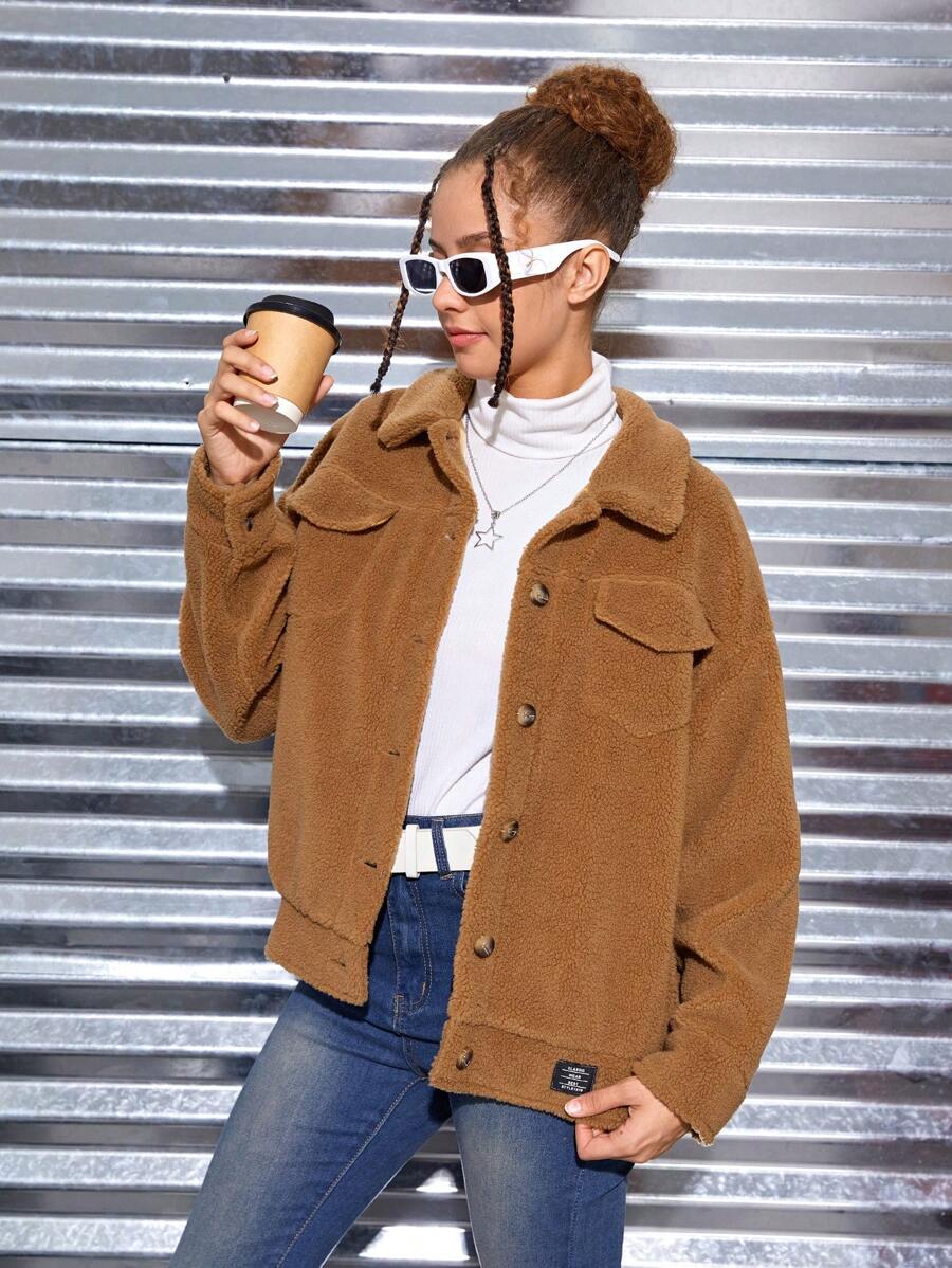 SHEIN Teen Girl Flap Pocket Letter Patched Detail Drop Shoulder Teddy Jacket - Khaki - View 1