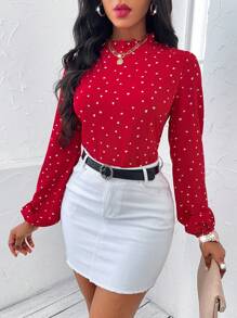 SHEIN Lady Heart Print Frill Trim Lantern Sleeve Blouse - Red - View 4