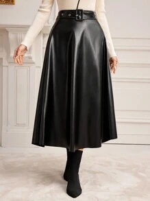 Modelyn 高腰腰帶PU皮革喇叭半身裙 - 黑色 - 查看 1