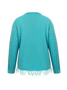 SHEIN Unity Plus Striped Pattern Fringe Hem Cable Knit Drop Shoulder Sweater Knit Pullover Fall Winter Sweater - Green - View 3