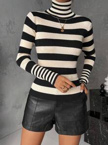 Celisse Striped Pattern Turtleneck Sweater,Long Sleeve Tops Knit Pullover Fall Winter Outfit - Multicolor - View 5
