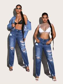 High Waist Ripped Mom Fit Jeans - Blue - View 5