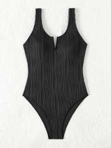 少女純色紋理連身泳衣 - 黑色 - 查看 5