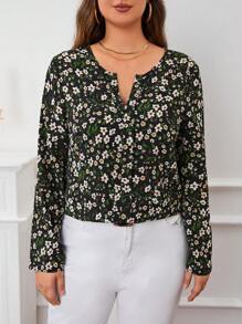 SHEIN LUNE Hơn In hoa Ditsy Đường viền cổ có rãnh Áo sơ mi - màu đen - Xem 4