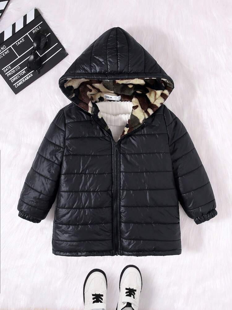 Young Boy 1pc Camo Print Inside Hooded Padded Coat