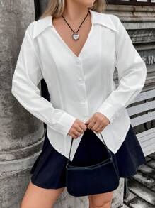 Flirla Plus Blouse Unicolore À Bouton Col En V