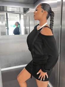 SHEIN SXY Solid Asymmetrical Neck Sweatshirt Dress - Black - View 5