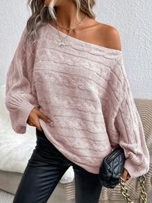 SHEIN Essnce Boat Neck Batwing Sleeve Cable Knit Sweater - Pink - View 6
