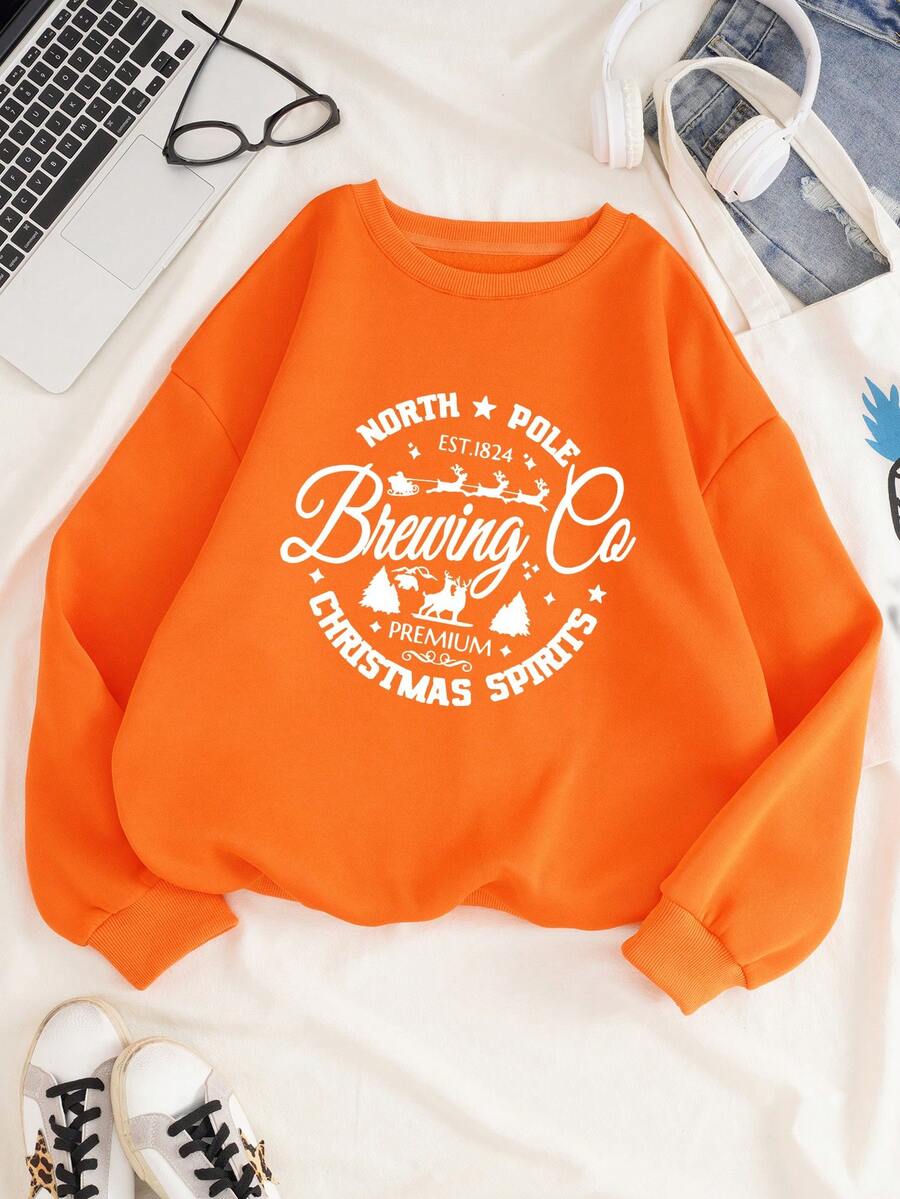 SHEIN Unity 標語圖案加絨內裏運動衫 - 橘色 - 查看 1