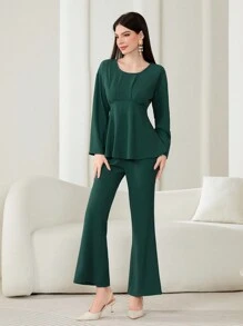 Mulvari Women's Ruffle Hem Top And Flare Pants Set - Dark Grey - View 3