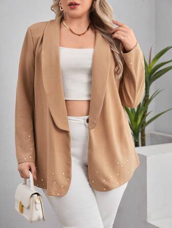 SHEIN Privé Plus Rhinestone Shawl Collar Open Front Blazer
