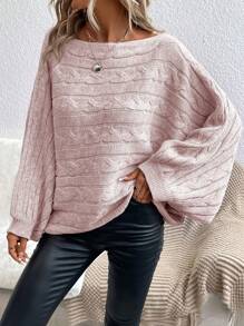 SHEIN Essnce Boat Neck Batwing Sleeve Cable Knit Sweater - Pink - View 5