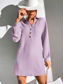 SHEIN Essnce Vestido tejido waffle con botón de hombros caídos con parche de bolsillo - Púrpura malva - Ver 5