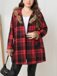 Maweii Plus Plaid Print Fuzzy Trim Hooded Overcoat - Red - View 5