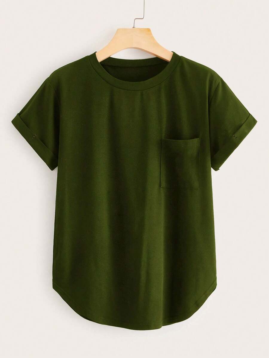 SHEIN LUNE Áo thun Plus size Túi màu trơn xanh quân đội Giải trí - xanh quân đội - Xem 1