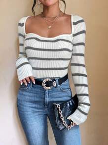 Chiquease Jersey de punto acanalado con cuello cuadrado y estampado de rayas para otoño e invierno - Multicolor - Ver 3
