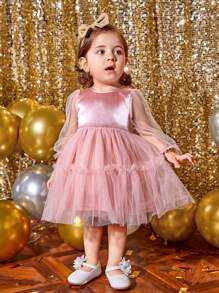 SHEIN Đứa bé gái Tay áo lưới tương phản Xù Hoa Sen Đầm - Hồng - Xem 4