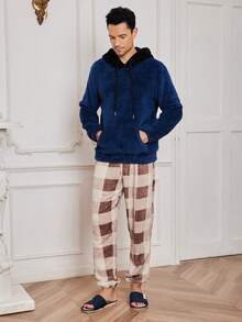 Nam Túi kangaroo Dây rút áo có mũ Flannel Loungewear Top - Màu xanh lam - Xem 3