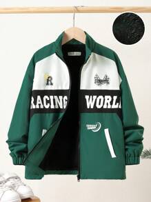 SHEIN Tween Boy Letter Graphic Two Tone Zip Up Coat - Green - View 5