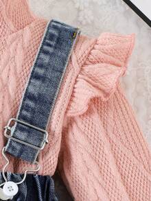 Baby Girl Ruffle Trim Mock Neck Tee & Denim Pinafore Skirt - Dusty Pink - View 3