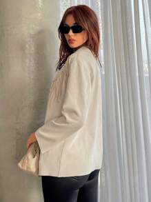 SHEIN Privé Fringe Trim Waterfall Collar Fringe Trim Open Front Coat - Khaki - View 4