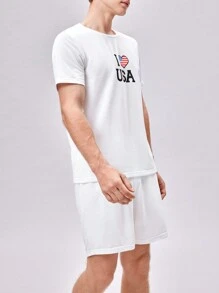 Manfinity VCAY Nam Đồ họa trái tim & khẩu hiệu Áo thun & quần đùi - trắng - Xem 3