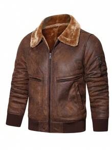 Men Borg Collar Teddy Lined Zipper PU Leather Jacket - Brown - View 1