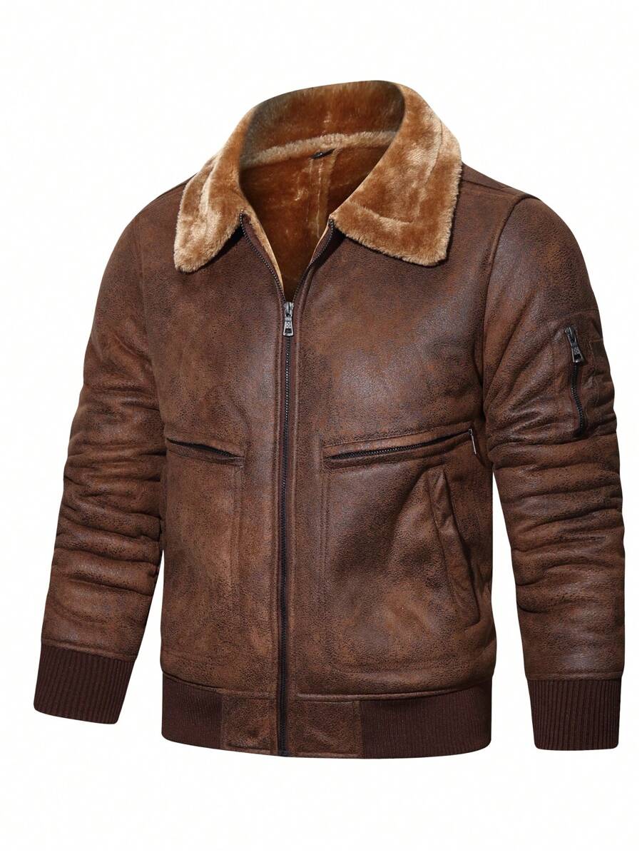 Men Borg Collar Teddy Lined Zipper PU Leather Jacket - Brown - View 1