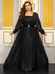YISIKADO 加大方领灯笼袖系带亮片礼服黑色优雅长袖舞会晚会婚礼宾客礼服，适合毕业典礼、晚宴 - 黑色 - 查看 2