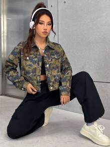 Pamile Camo Print Drop Shoulder Crop Jacket - Multicolor - View 1