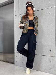 Pamile Camo Print Drop Shoulder Crop Jacket - Multicolor - View 3