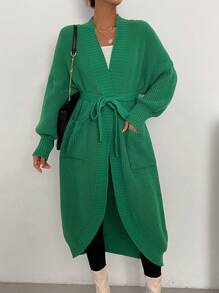 SHEIN Essnce Dual Pocket Drop Shoulder Belted Duster Cardigan - Green - View 6