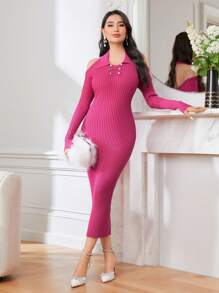 Modelyn 挖肩條紋針織毛衣洋裝 - 玫紅色 - 查看 1