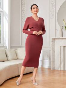 Modelyn Surplice Neck Batwing Sleeve Sweater Dress Without Belt - Burgundy - View 4