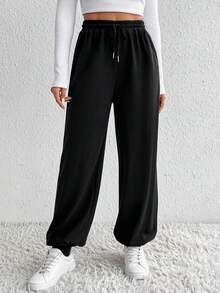 SHEIN Unity Solid Drawstring Waist Sweatpants - Black - View 4