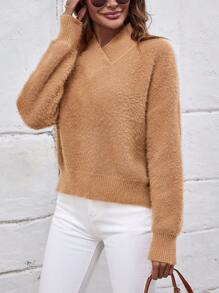 SHEIN LUNE Suéter de punto con cuello en V y hombros caídos, para otoño e invierno - Caqui - Ver 5