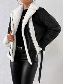 SHEIN Frenchy Teddy Lined Belted Padded Coat - Black and White - View 3