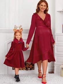 SHEIN Thai sản 1 Miếng Viền Ruffle Bọc Nút ven Đầm - Màu Đỏ Sâu - Xem 5