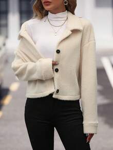 SHEIN Essnce 落肩袖前紐扣毛絨夾克 - 杏色 - 查看 4