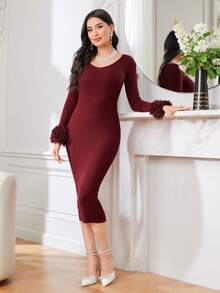 Modelyn Vestido suéter de color rojo burdeos sin cinturón con puños de felpa - Burdeos - Ver 4