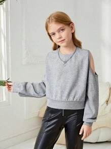 SHEIN Tween Girl Cold Shoulder Cut Out Back Pullover - Light Grey - View 4