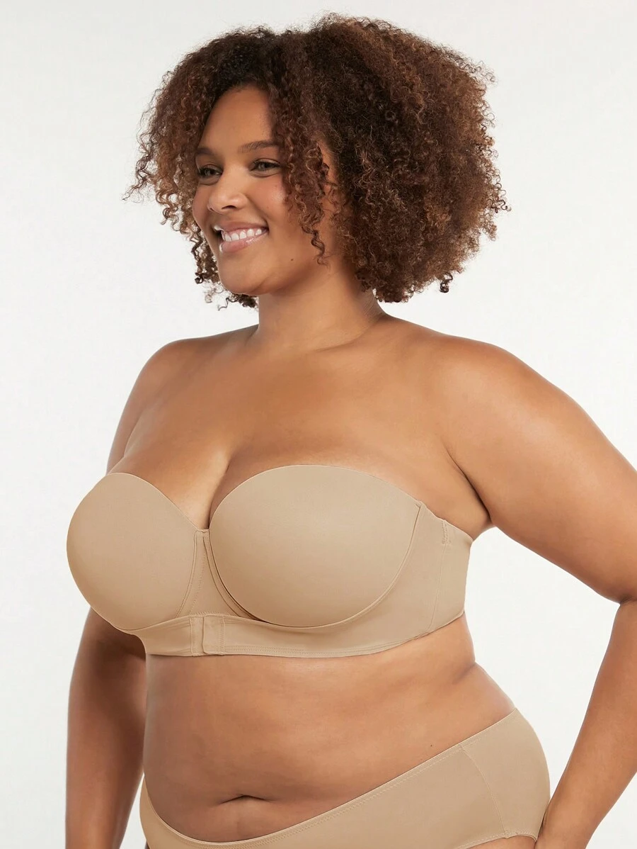 LUVLETTE Sujetador básico de media copa con cierre frontal y push-up, con soporte y curvas adicionales, sin tirantes - Albaricoque - Ver 1