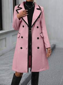 SHEIN Clasi Contrast Binding Flap Detail Double Breasted Overcoat - Dusty Pink - View 3
