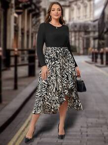 SHEIN Clasi Plus Robe Imprimé Graphique À Volants - Noir et Blanc - Voir 5