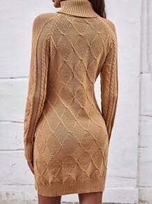 SHEIN Clasi Turtleneck Raglan Sleeve Cable Knit Sweater Dress Without Belt - Khaki - View 2