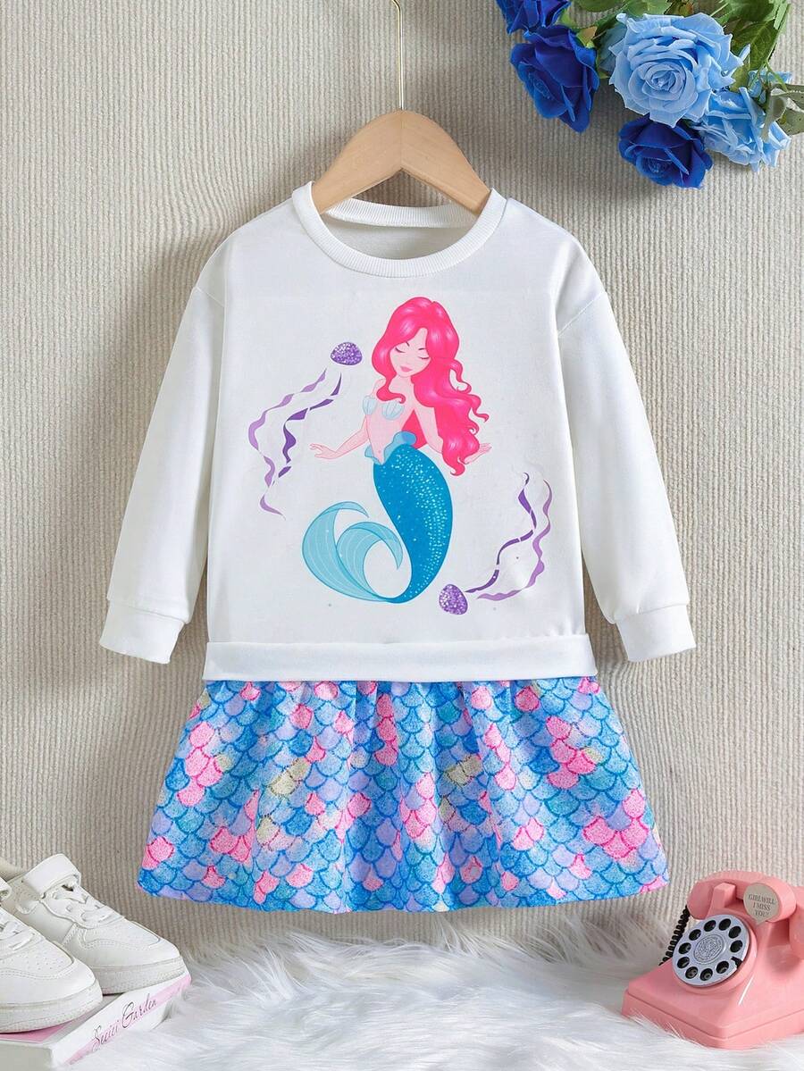 SHEIN Chica Joven Vestido sudadera con estampado de sirena bajo con fruncido - Blanco - Ver 1